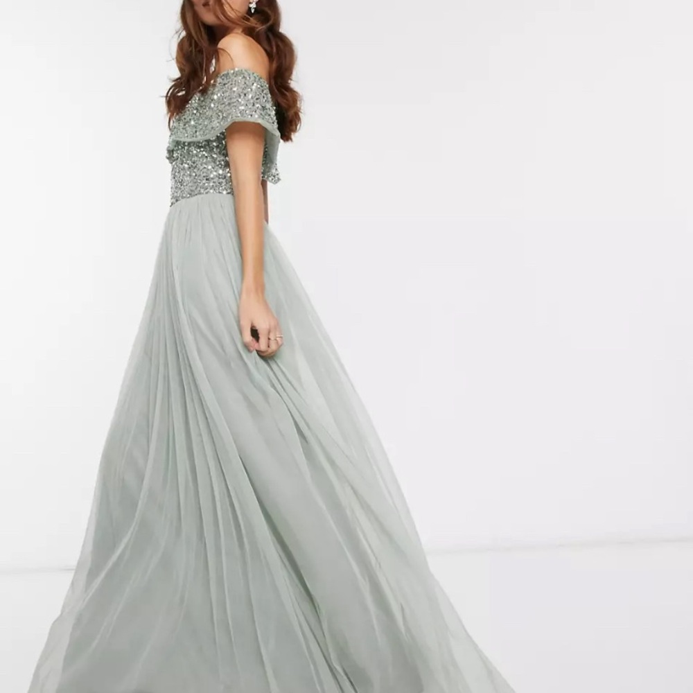 ASOS Sage Green Maya Bridesmaid Bardot maxi tulle sequin dress